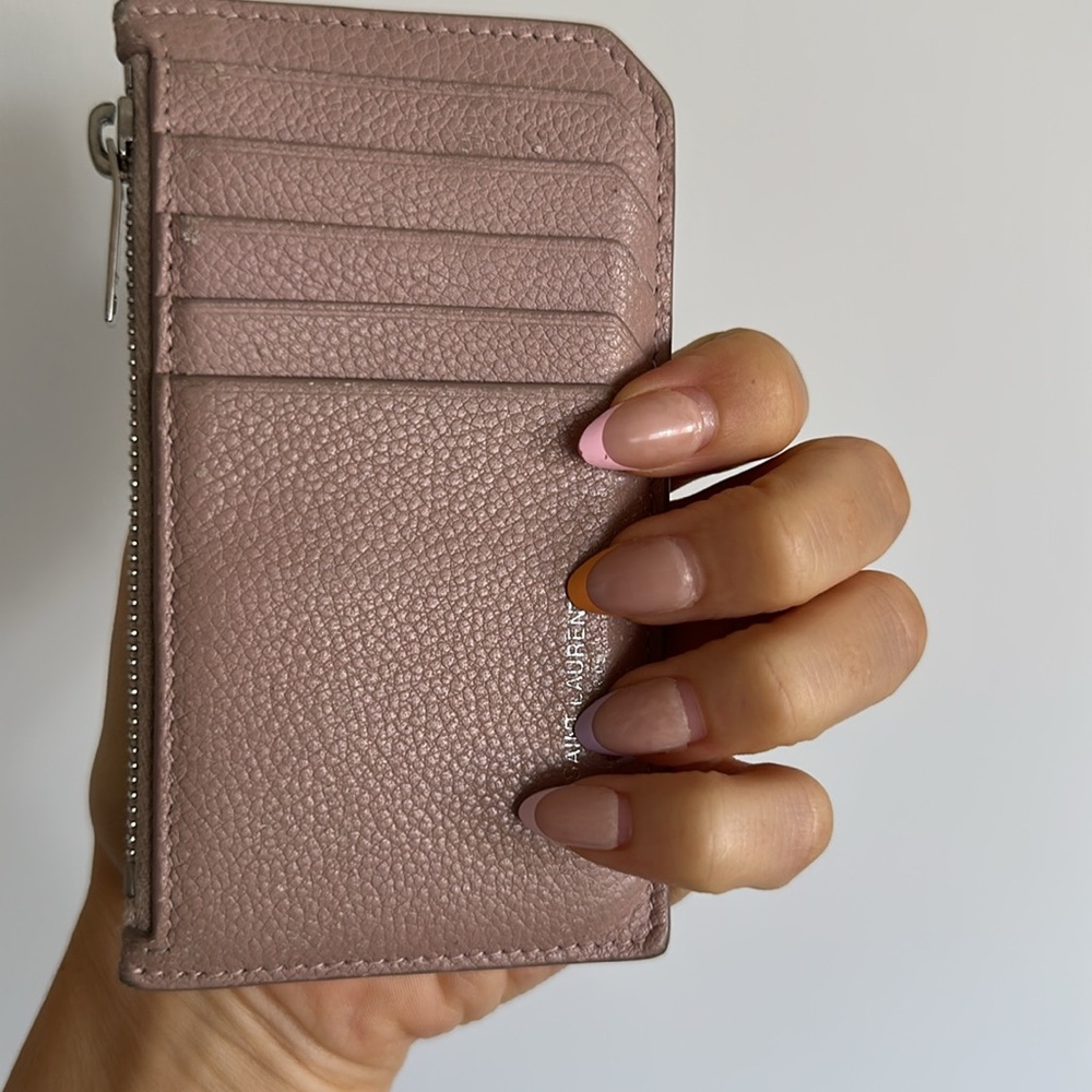 Authentic SAINT LAURENT Grained Calfskin Zip Card Holder in Rose Antic.